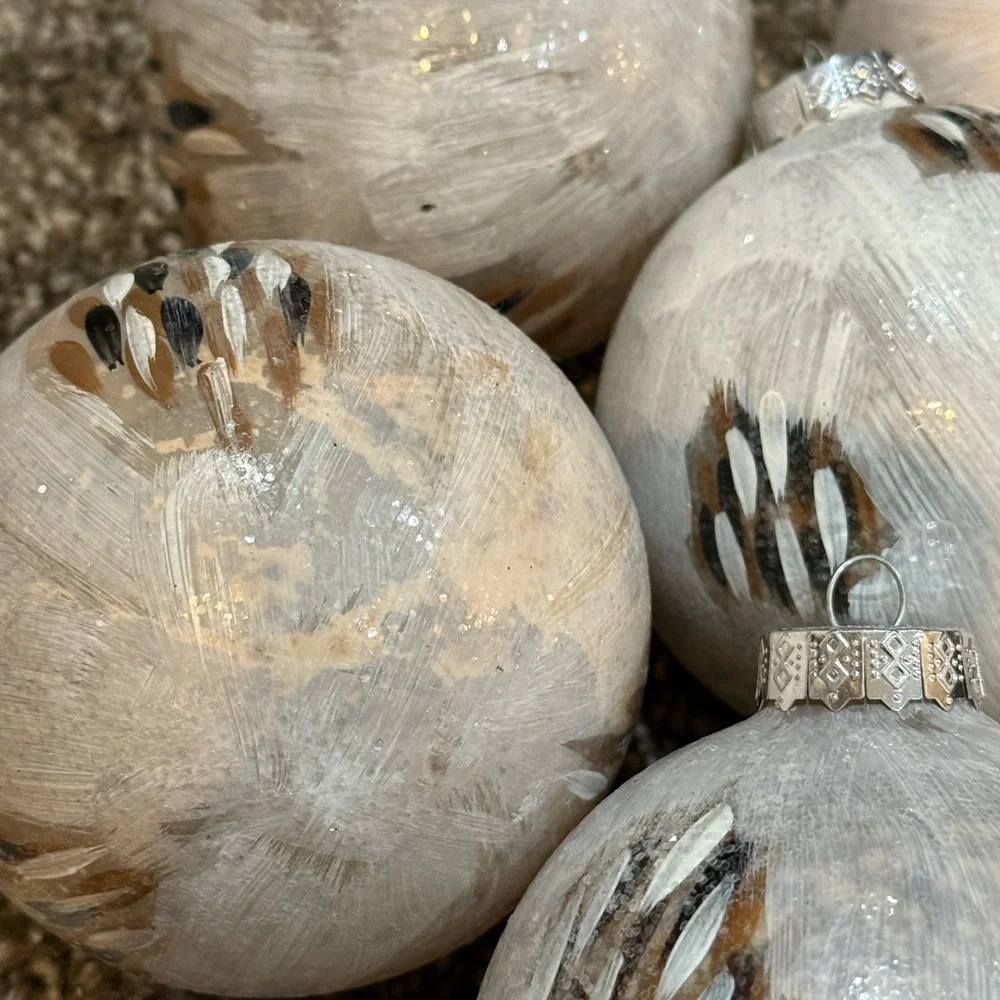 Vintage Pier 1 Glass Feather Christmas Ornaments - Set of 11 Cream Brown Black.